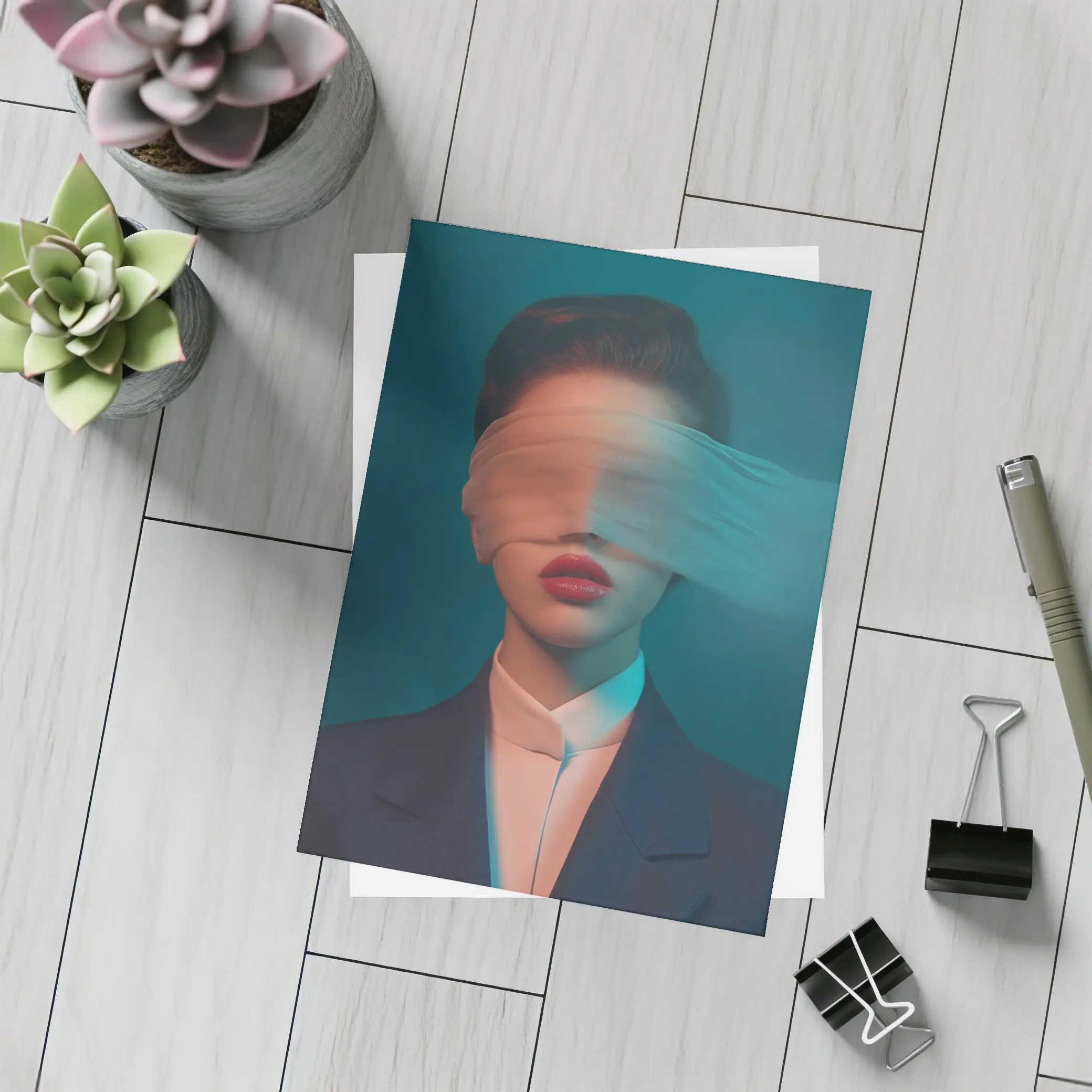 Blindfolded Woman Dark Teal Surreal Portrait – Postcards
