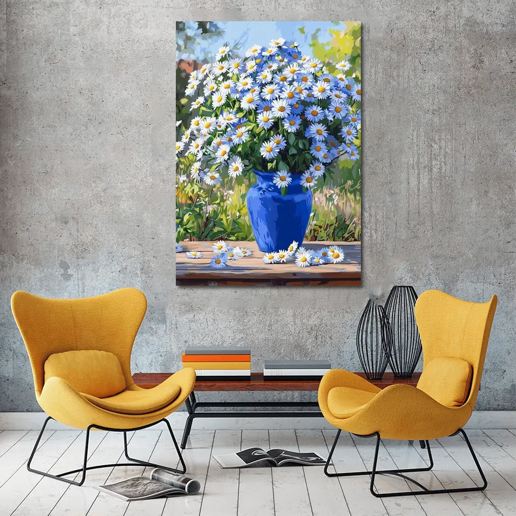Daisy Bouquet Blue Vase Garden Setting – Wall Art