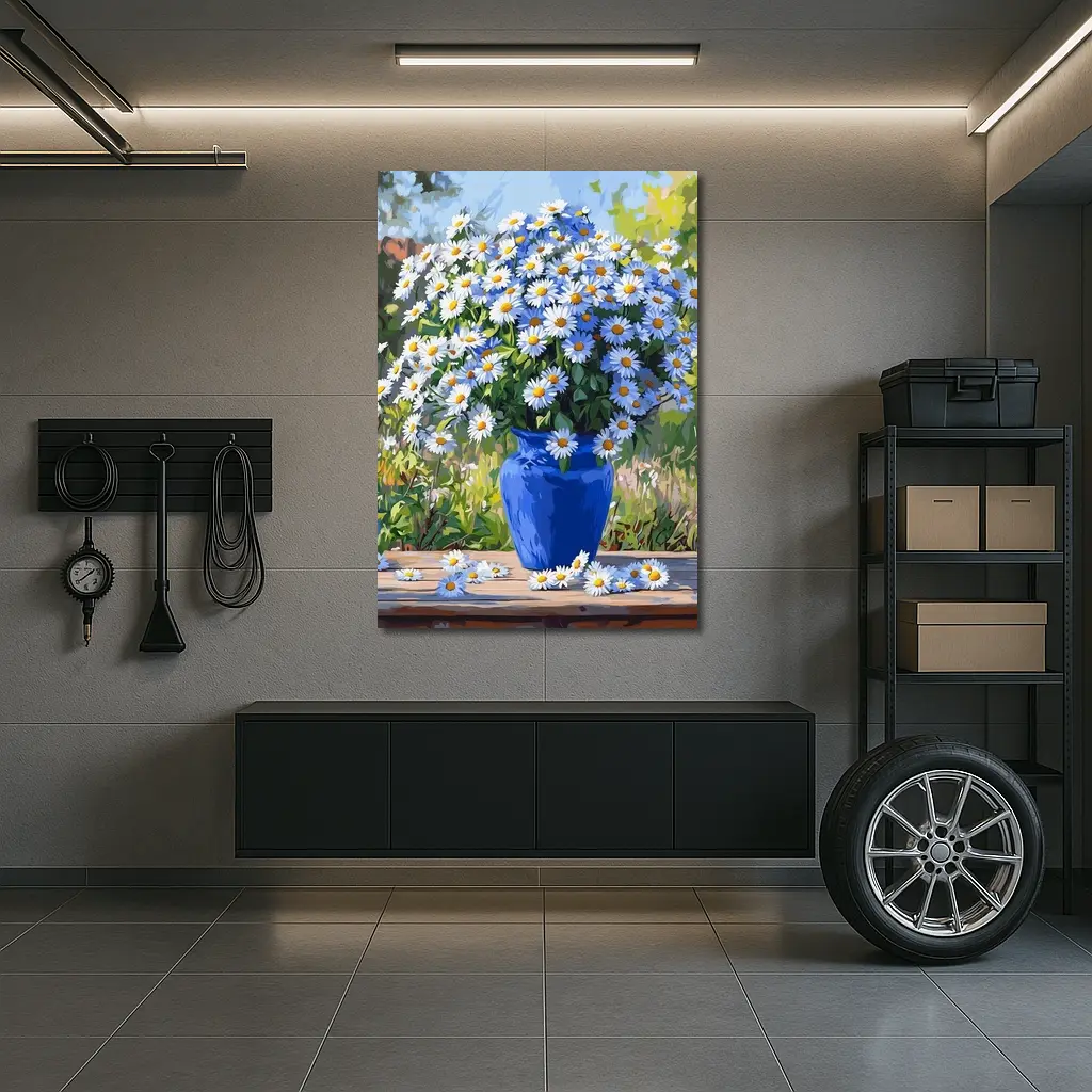 Daisy Bouquet Blue Vase Garden Setting – Wall Art