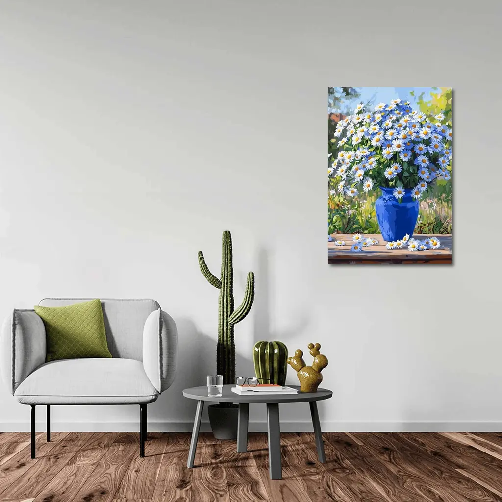 Daisy Bouquet Blue Vase Garden Setting – Wall Art