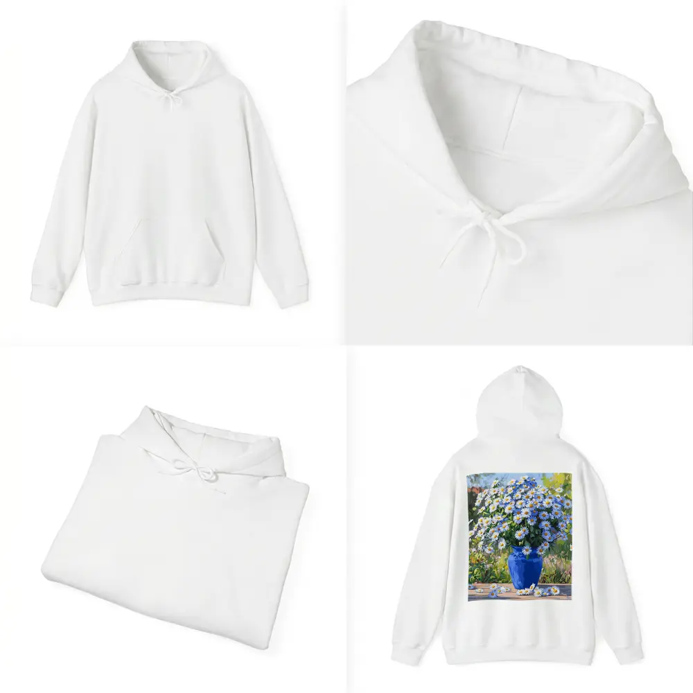 Daisy Bouquet Blue Vase Garden Setting – Hoodies