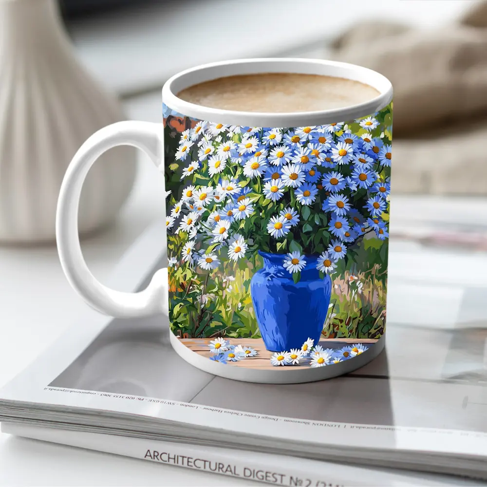 Daisy Bouquet Blue Vase Garden Setting – Mugs
