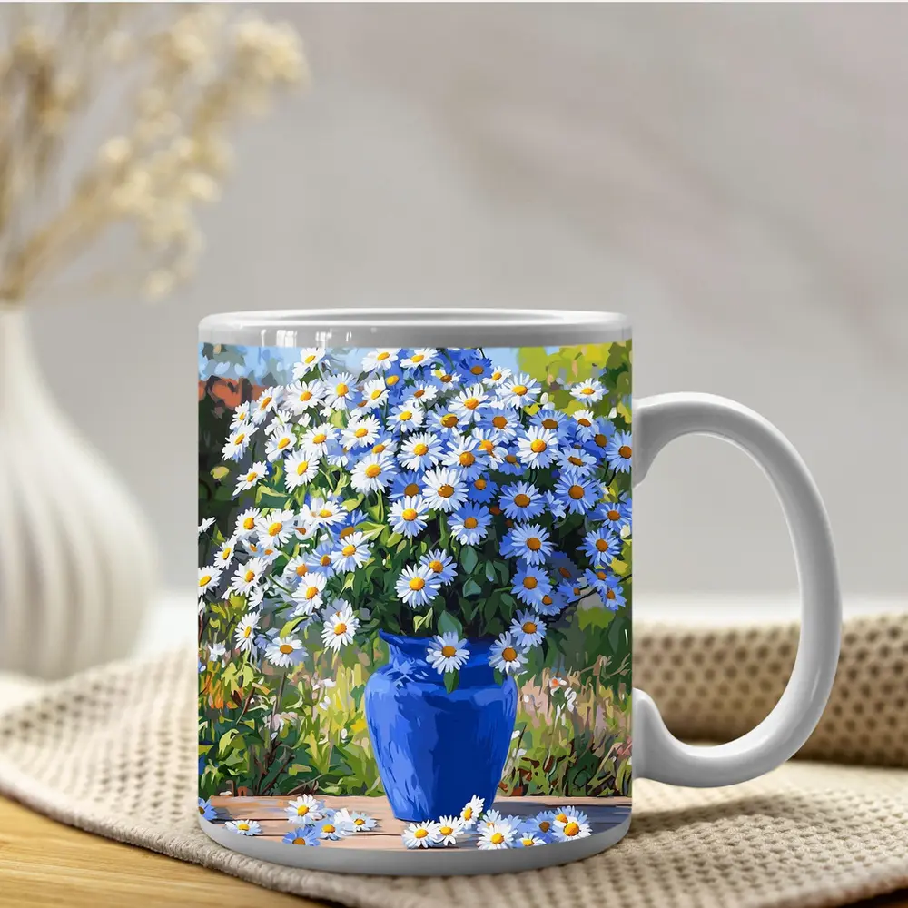 Daisy Bouquet Blue Vase Garden Setting – Mugs