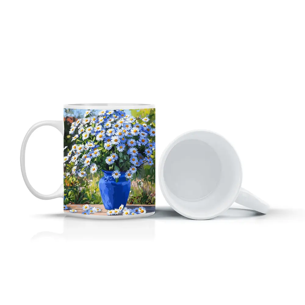 Daisy Bouquet Blue Vase Garden Setting – Mugs