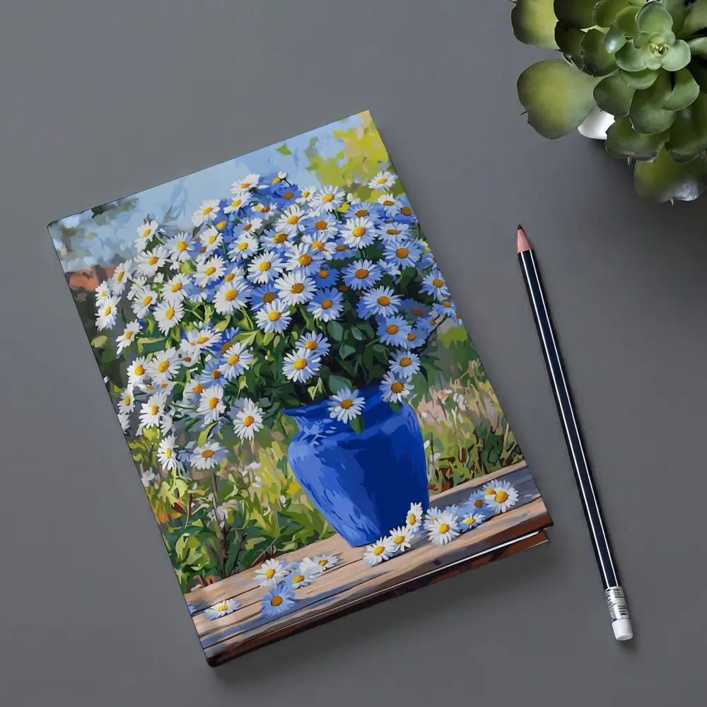 Daisy Bouquet Blue Vase Garden Setting – Notebooks