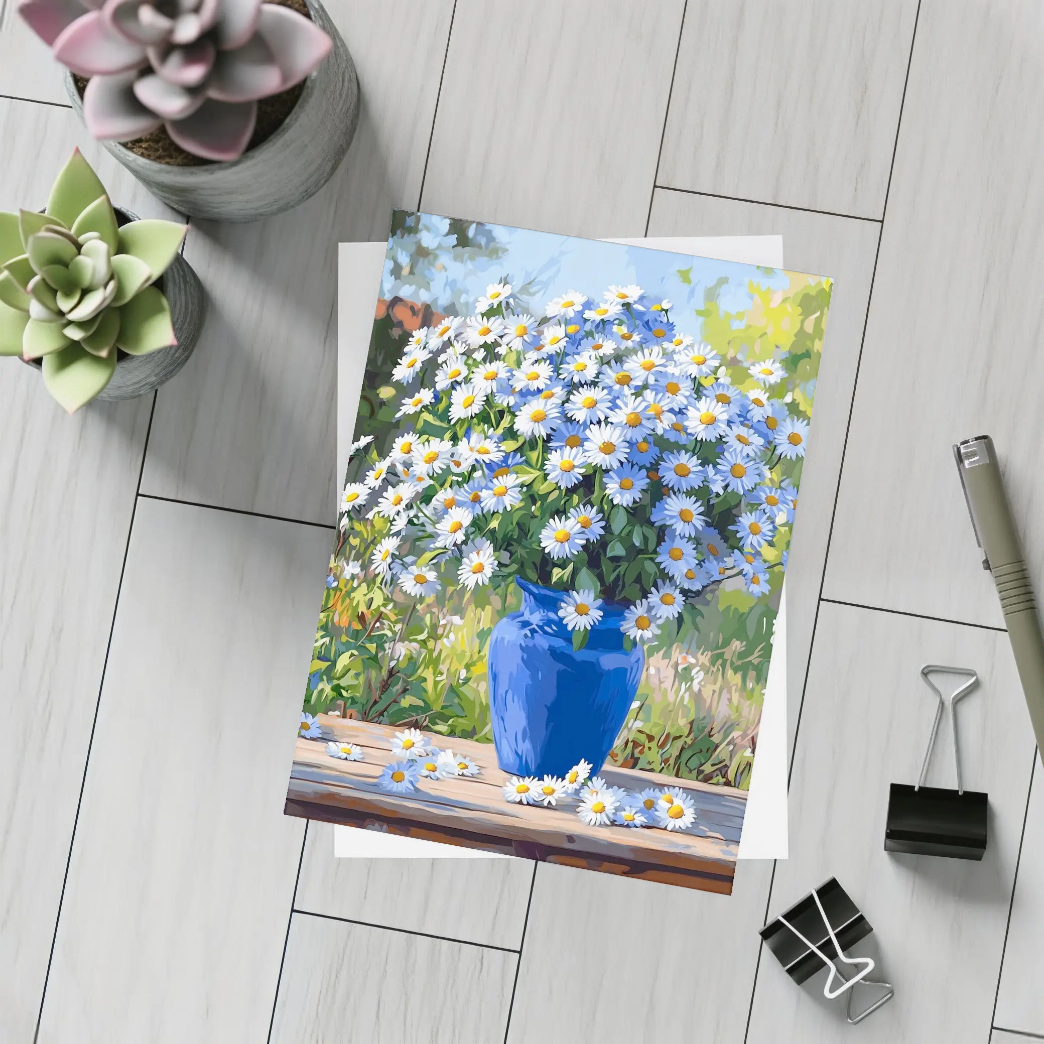 Daisy Bouquet Blue Vase Garden Setting – Postcards