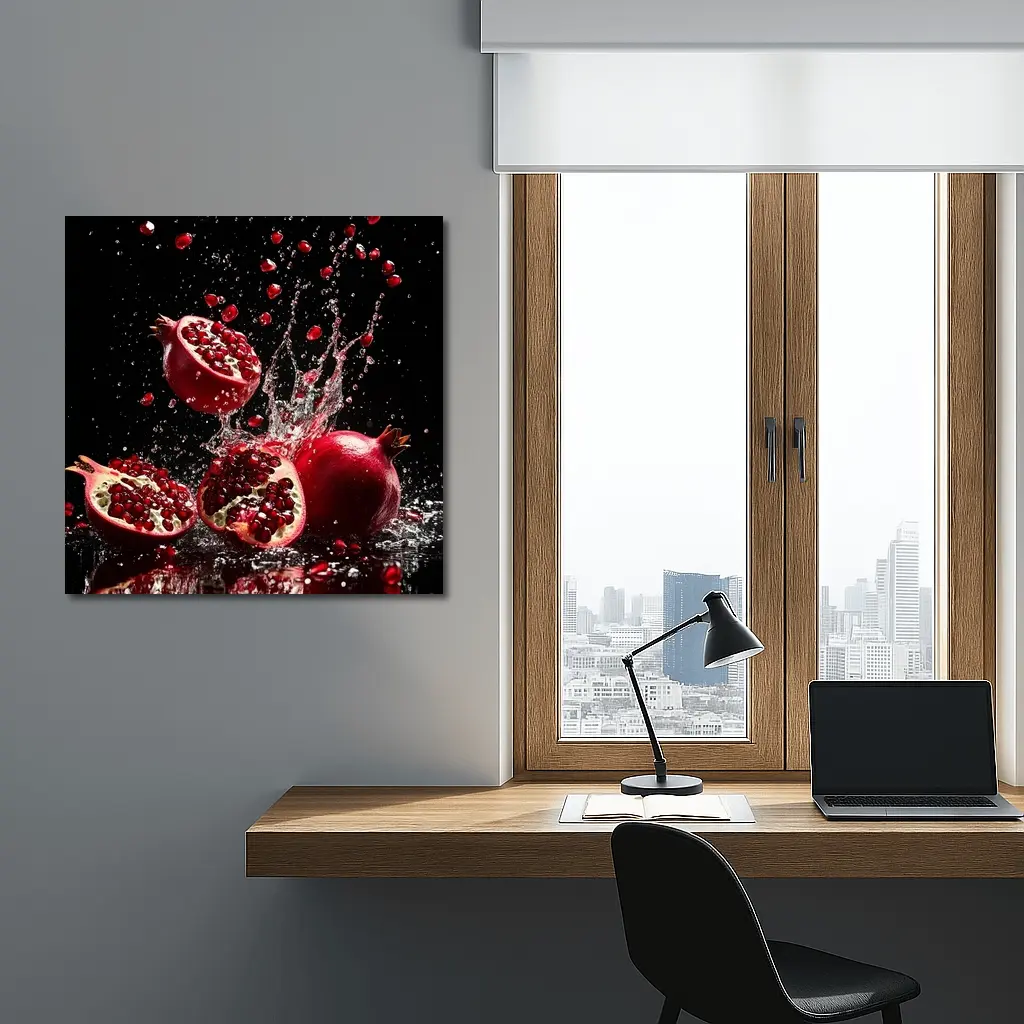 Red Pomegranates Exploding With Water Black Background – Wall Art