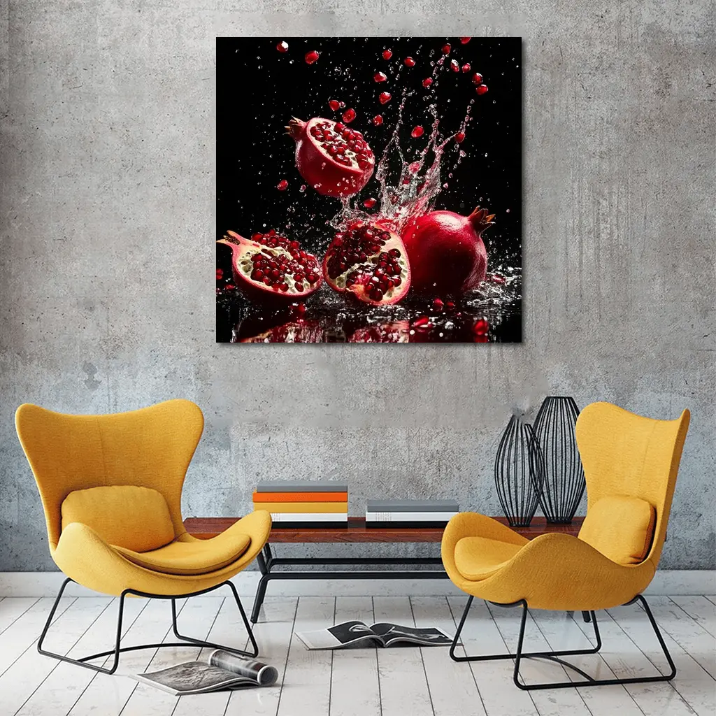 Red Pomegranates Exploding With Water Black Background – Wall Art