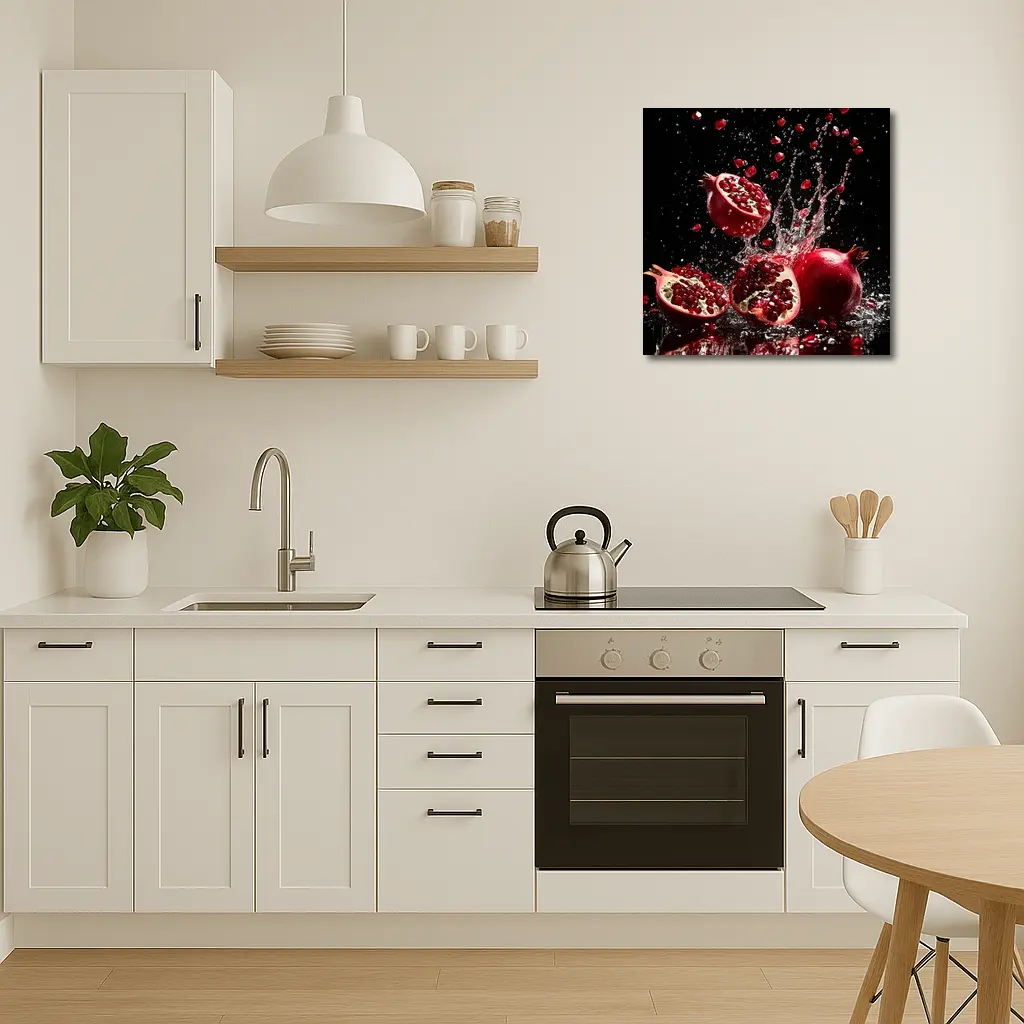 Red Pomegranates Exploding With Water Black Background – Wall Art