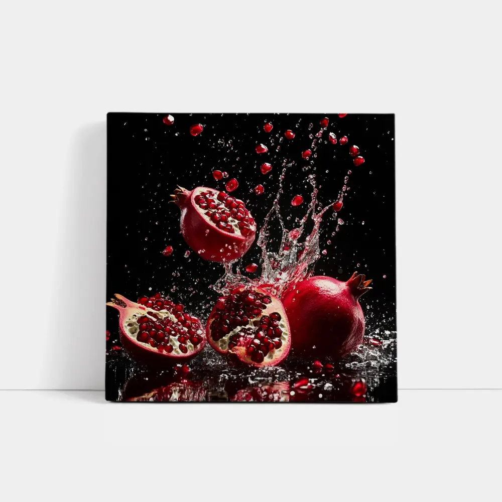 Red Pomegranates Exploding With Water Black Background – Wall Art
