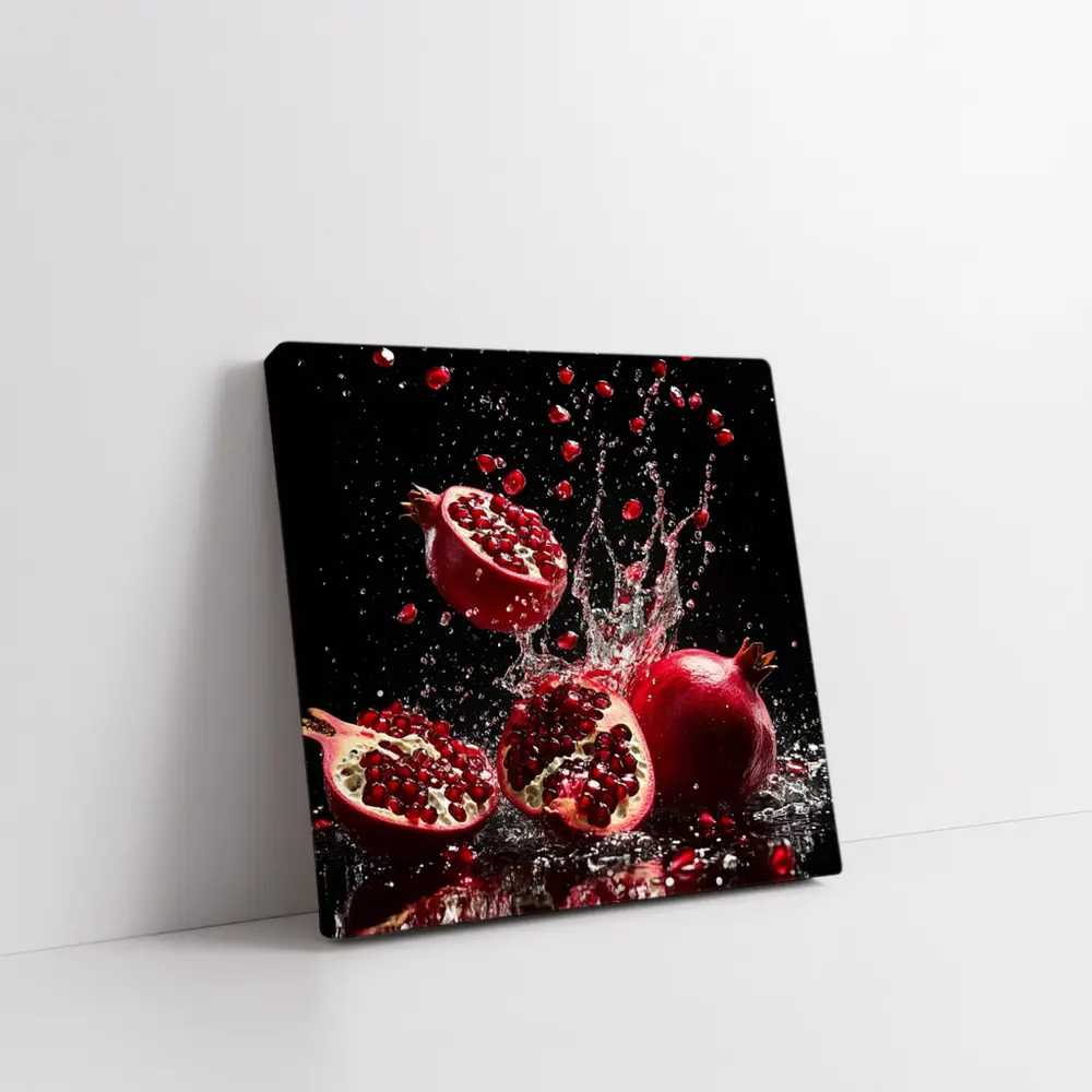 Red Pomegranates Exploding With Water Black Background – Wall Art