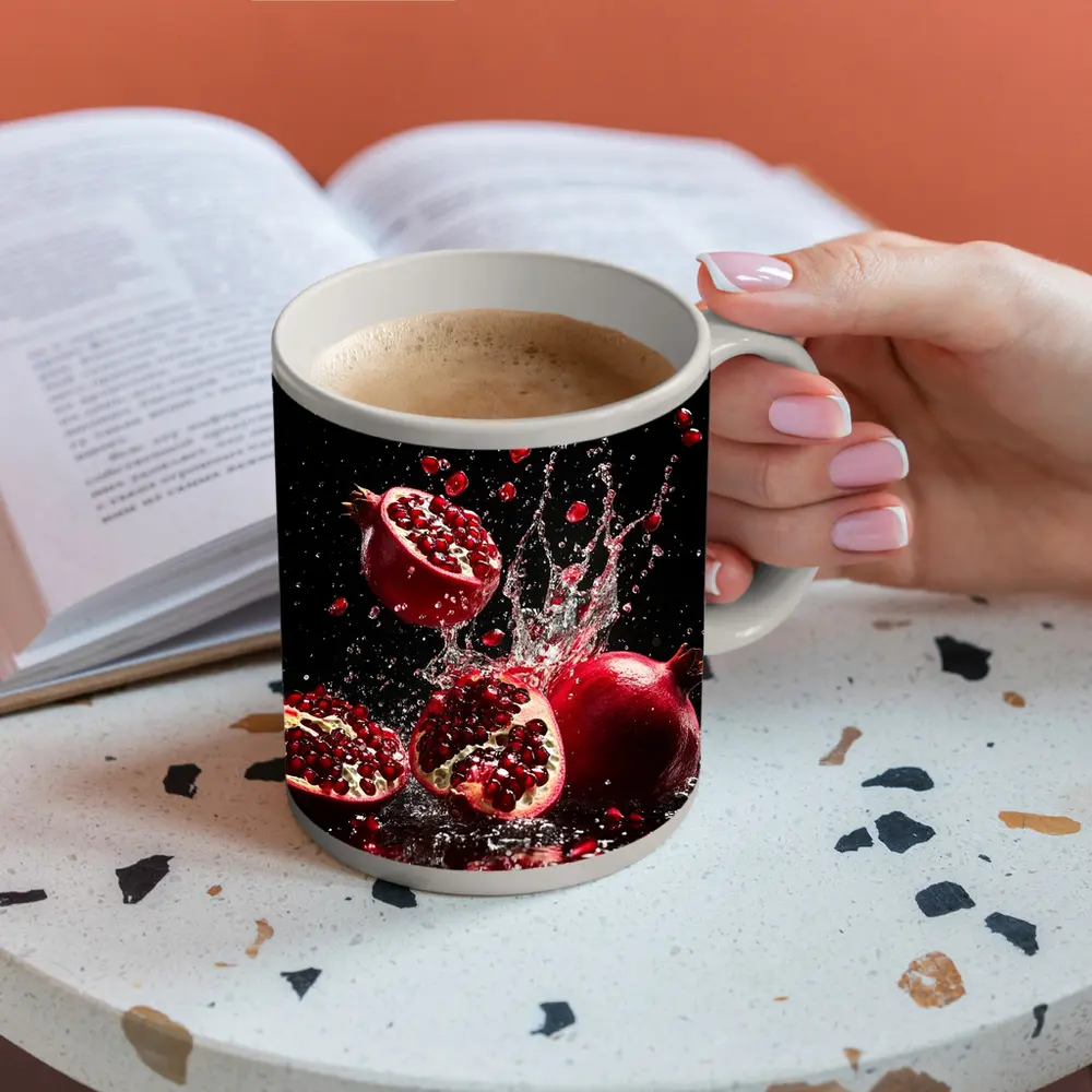 Red Pomegranates Exploding With Water Black Background – Mugs