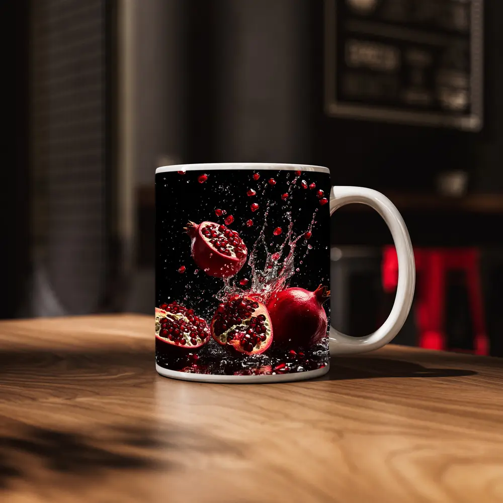 Red Pomegranates Exploding With Water Black Background – Mugs