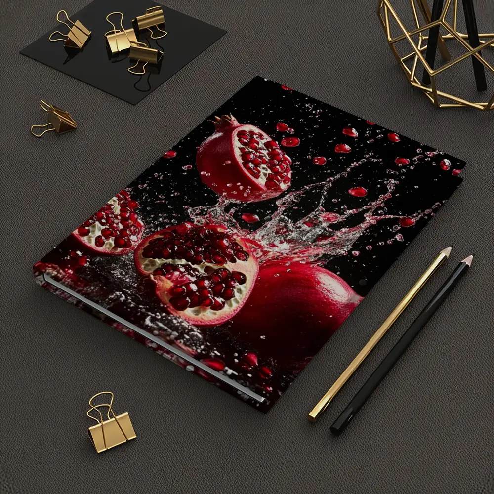 Red Pomegranates Exploding With Water Black Background – Notebooks