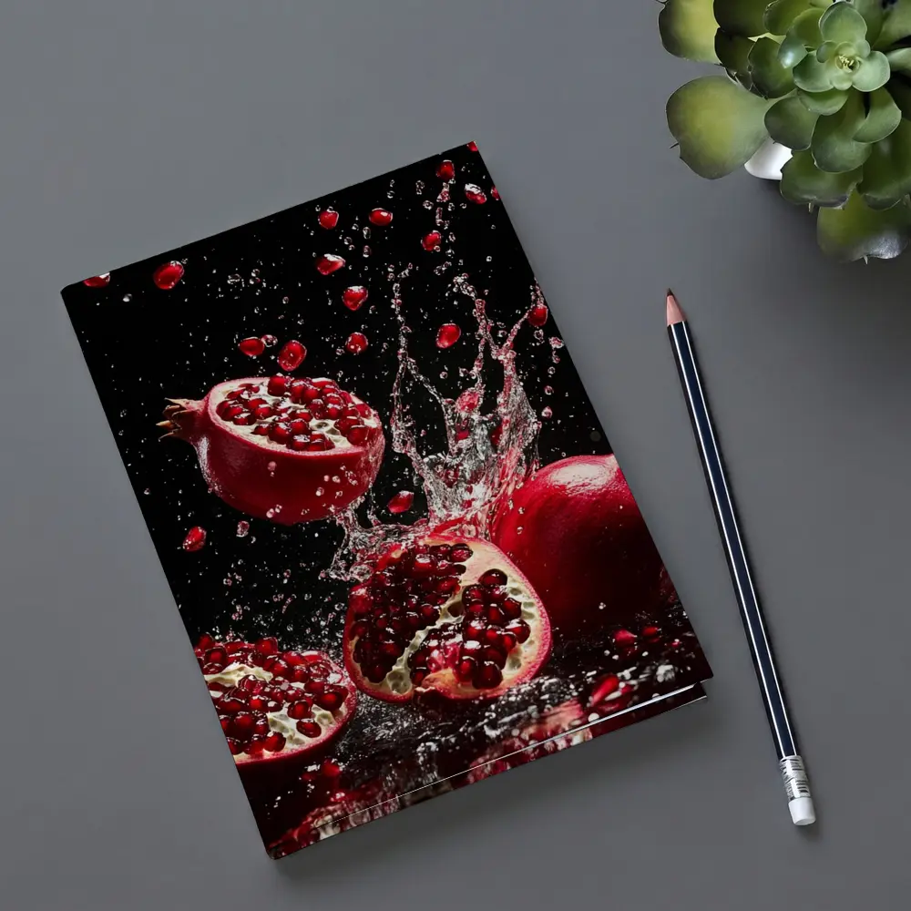 Red Pomegranates Exploding With Water Black Background – Notebooks