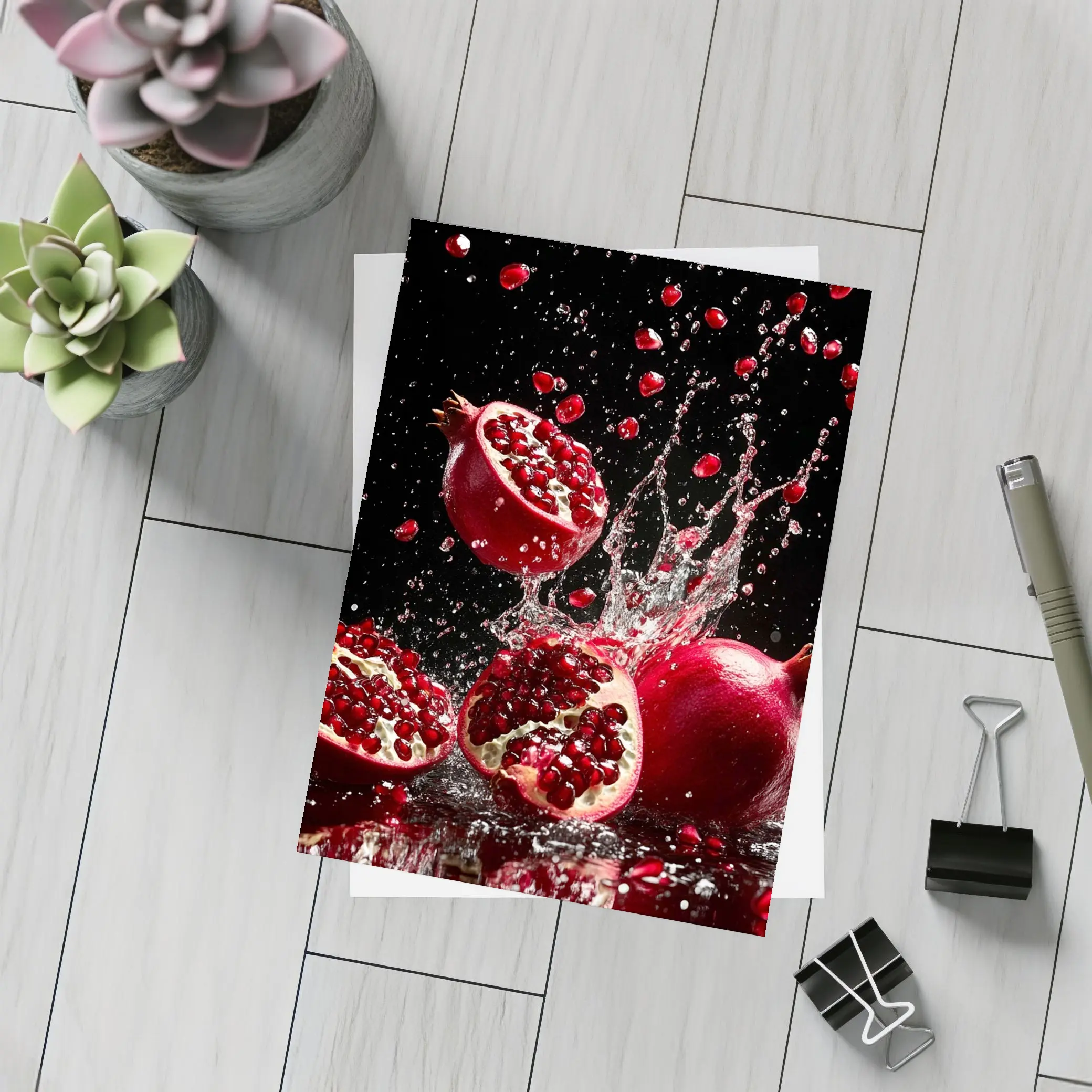 Red Pomegranates Exploding With Water Black Background – Postcards
