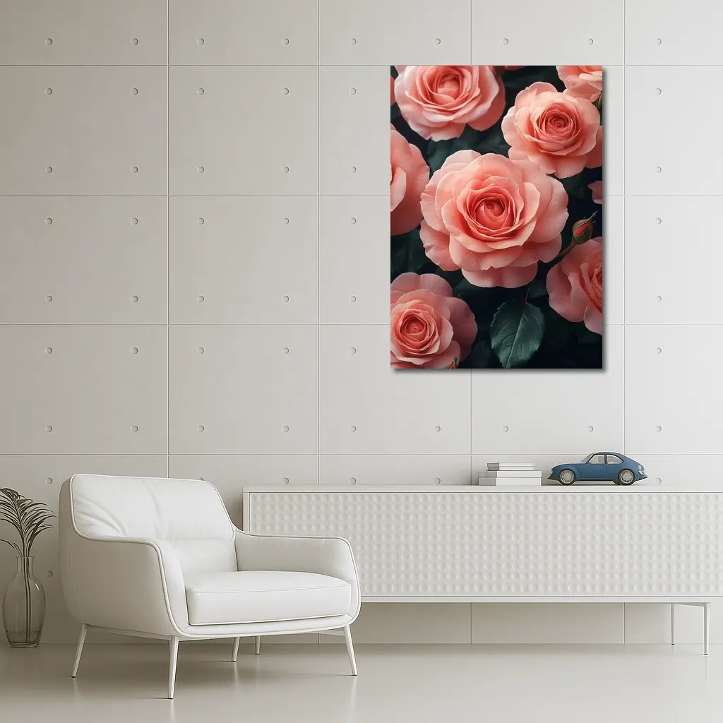 Pink Roses Blooming Against Dark Background – Wall Art