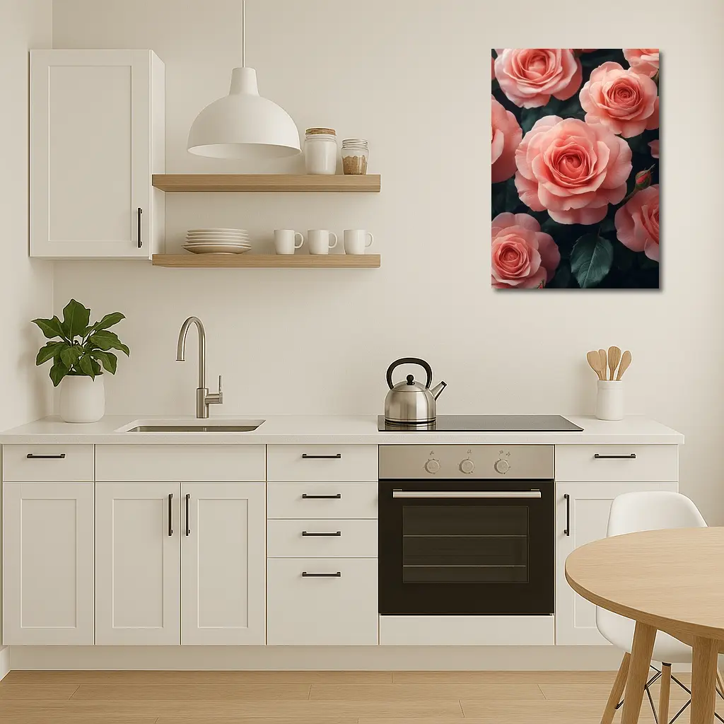 Pink Roses Blooming Against Dark Background – Wall Art