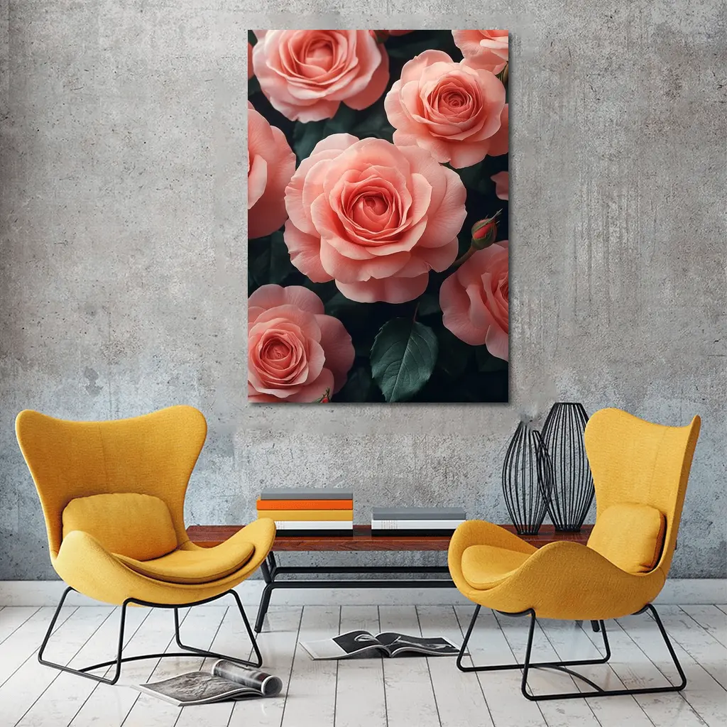 Pink Roses Blooming Against Dark Background – Wall Art