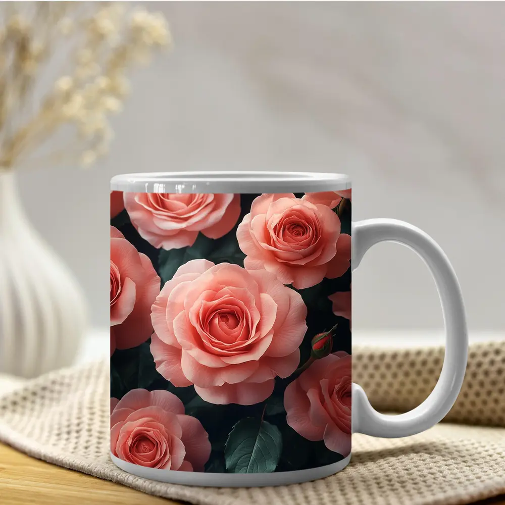 Pink Roses Blooming Against Dark Background – Mugs
