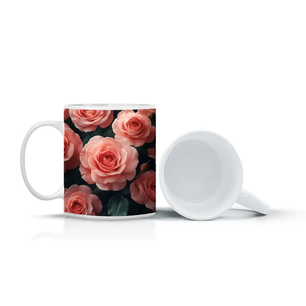 Pink Roses Blooming Against Dark Background – Mugs