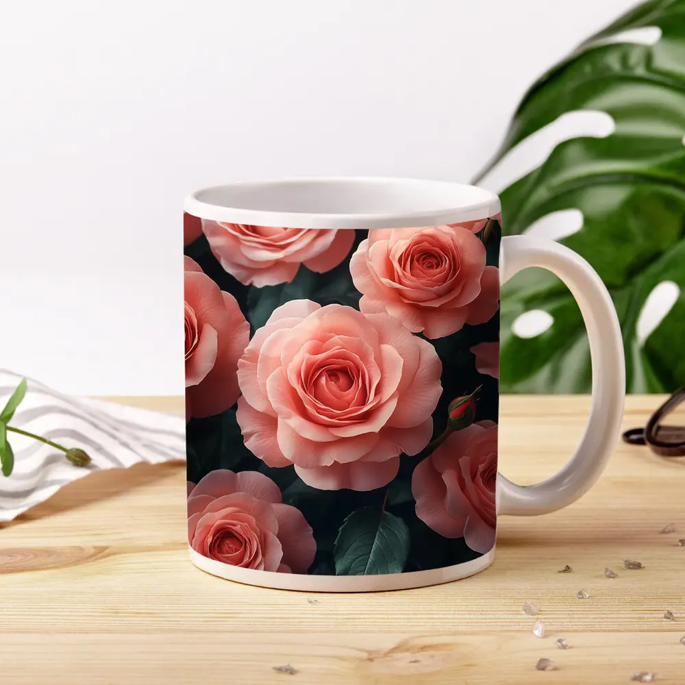 Pink Roses Blooming Against Dark Background – Mugs