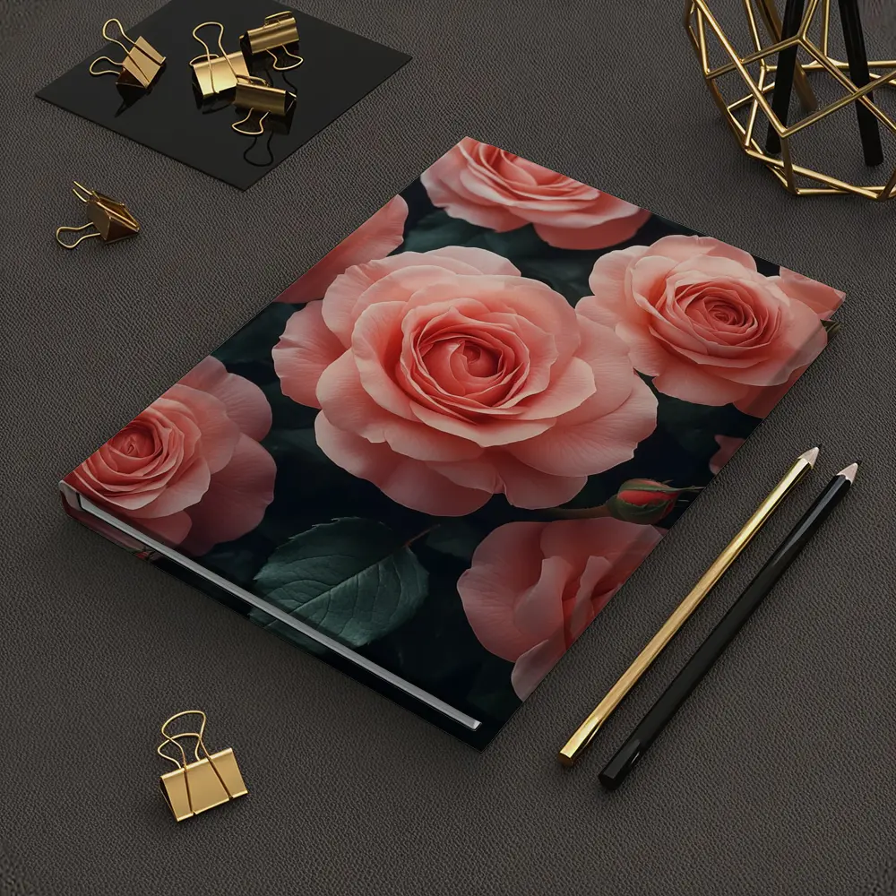 Pink Roses Blooming Against Dark Background – Notebooks
