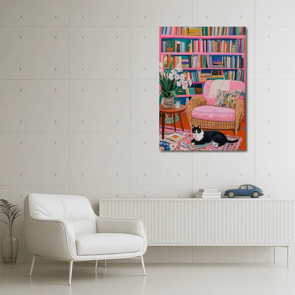 Tuxedo Cat Reading Room Colorful Bookshelf Art – Wall Art