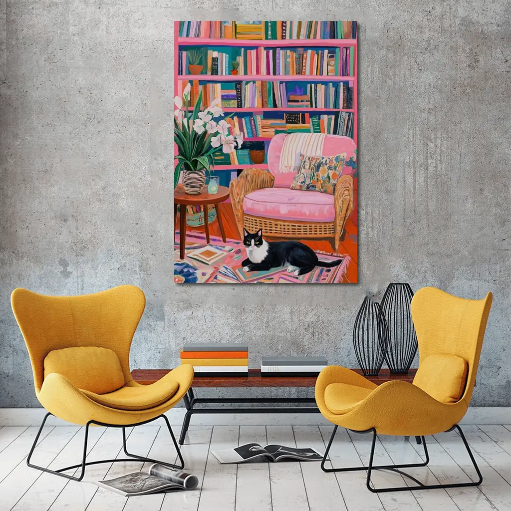 Tuxedo Cat Reading Room Colorful Bookshelf Art – Wall Art