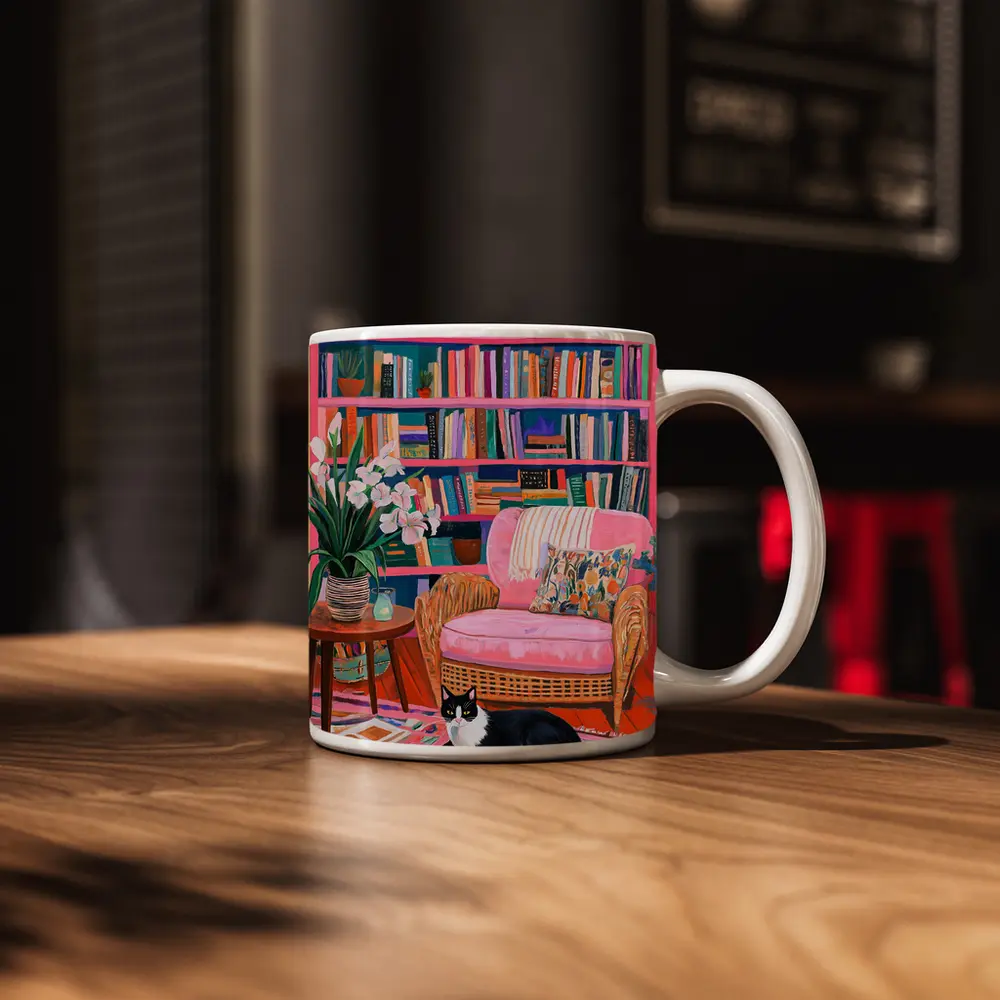 Tuxedo Cat Reading Room Colorful Bookshelf Art – Mugs