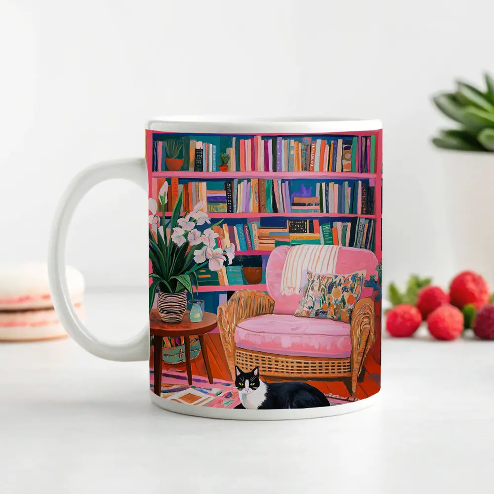 Tuxedo Cat Reading Room Colorful Bookshelf Art – Mugs