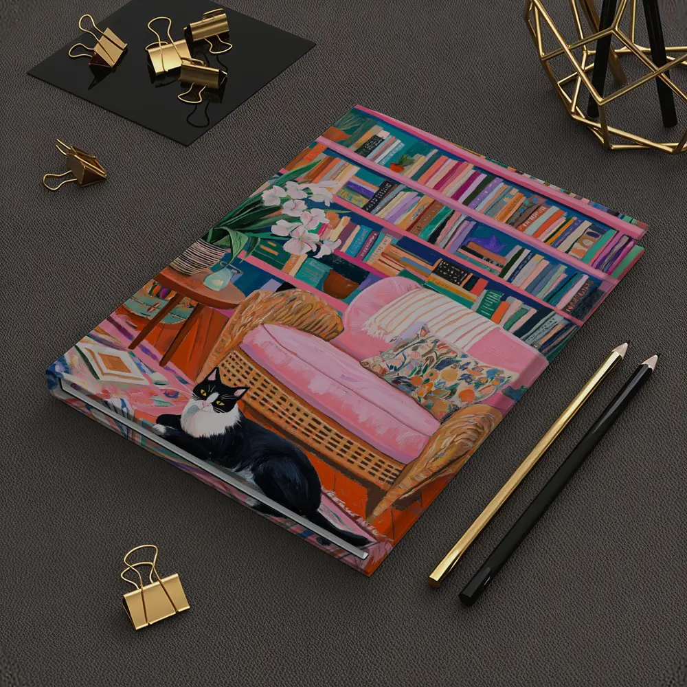 Tuxedo Cat Reading Room Colorful Bookshelf Art – Notebooks
