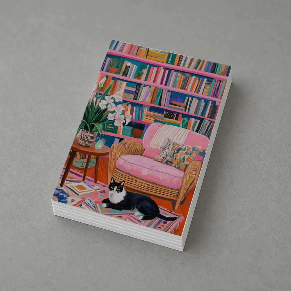 Tuxedo Cat Reading Room Colorful Bookshelf Art – Postcards