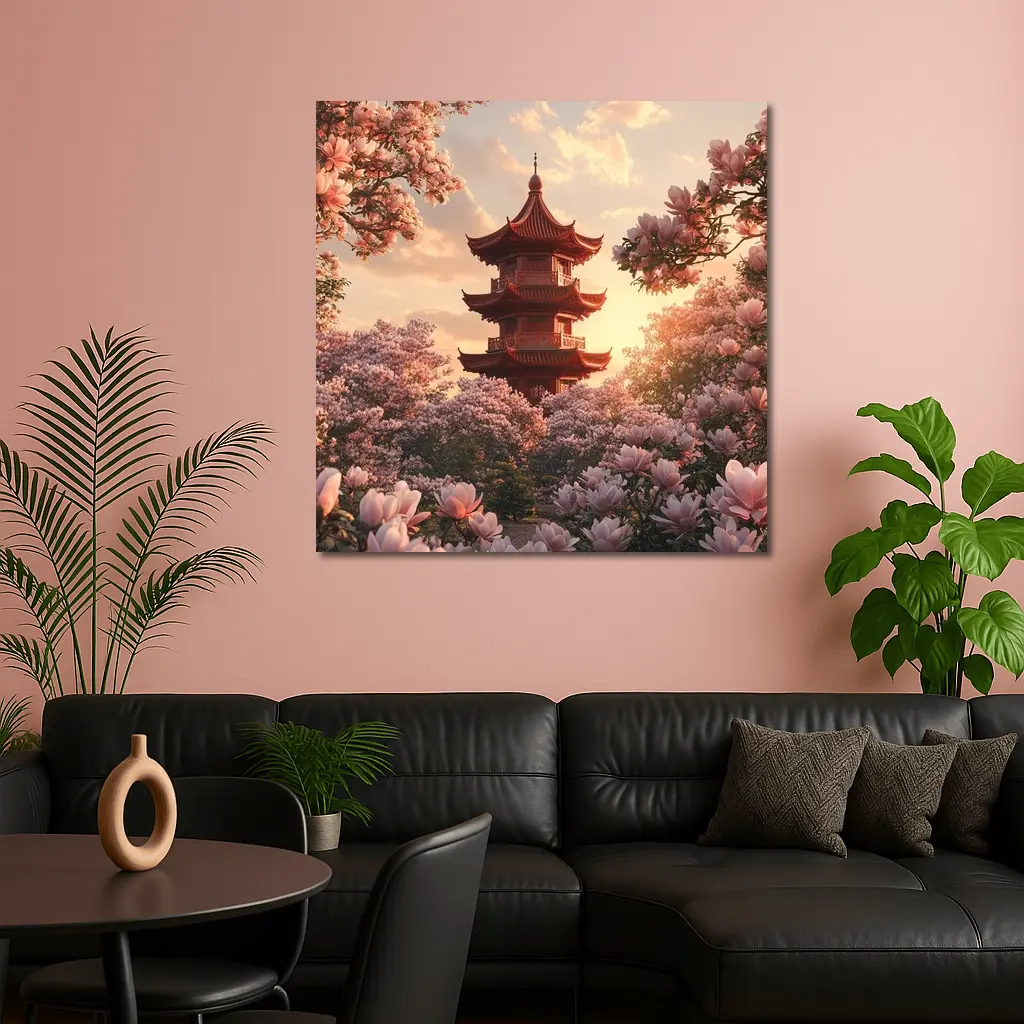 Red Pagoda Tower Pink Magnolia Blossoms Sunset – Wall Art