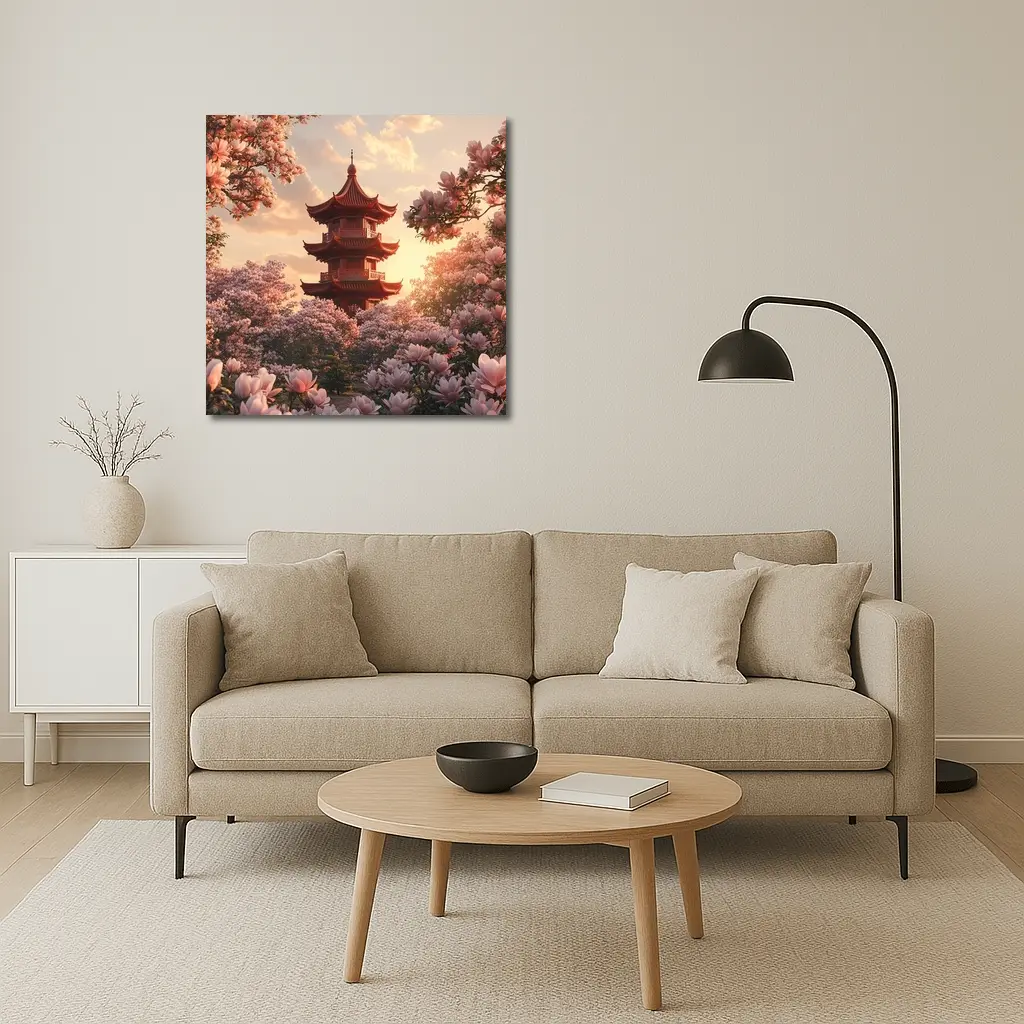 Red Pagoda Tower Pink Magnolia Blossoms Sunset – Wall Art