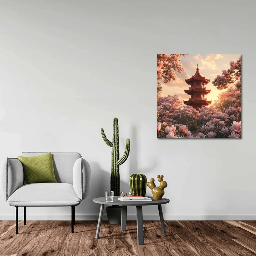 Red Pagoda Tower Pink Magnolia Blossoms Sunset – Wall Art