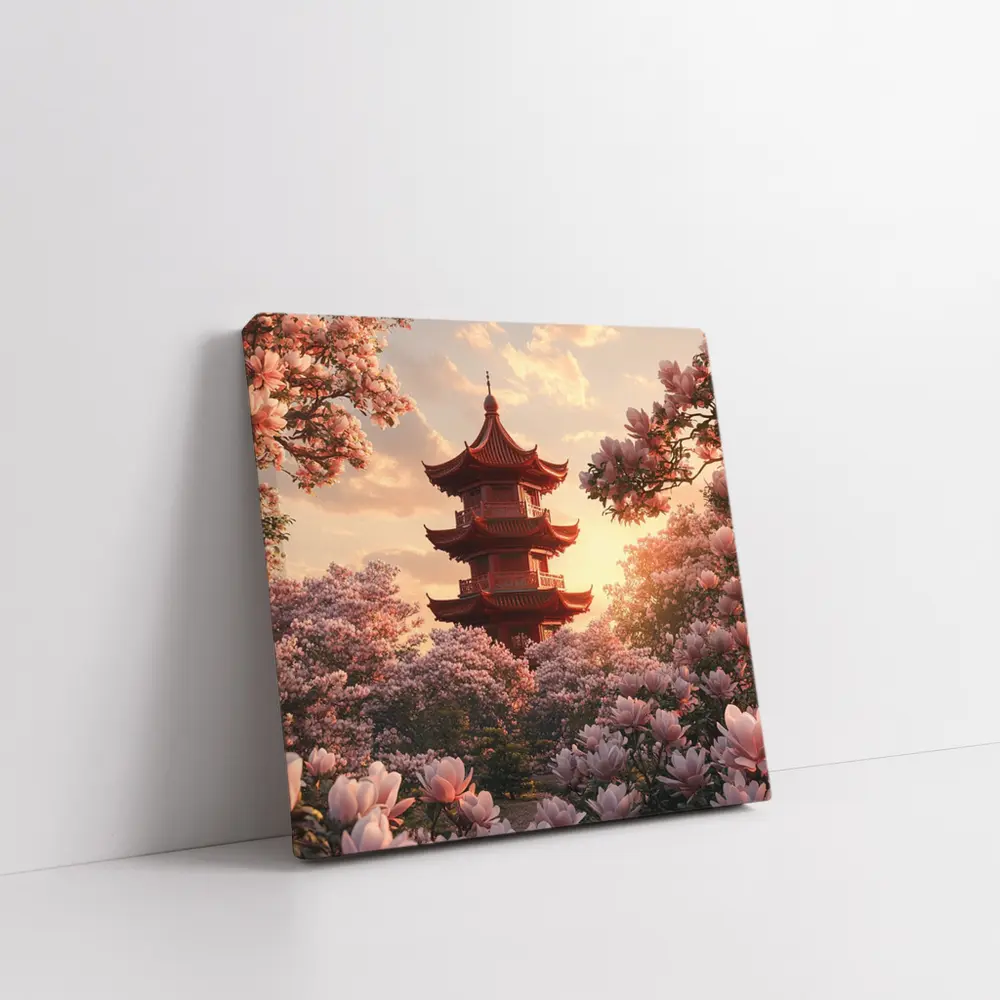 Red Pagoda Tower Pink Magnolia Blossoms Sunset – Wall Art