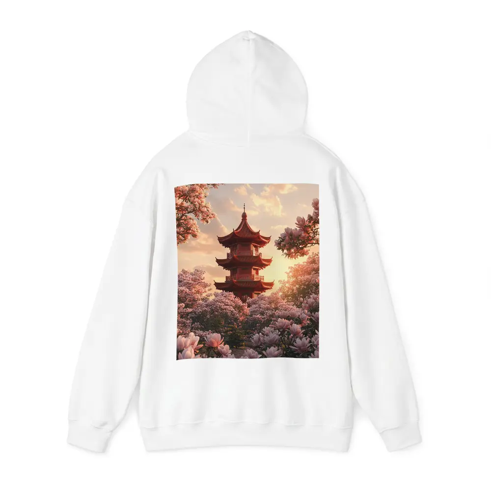 Red Pagoda Tower Pink Magnolia Blossoms Sunset – Hoodies