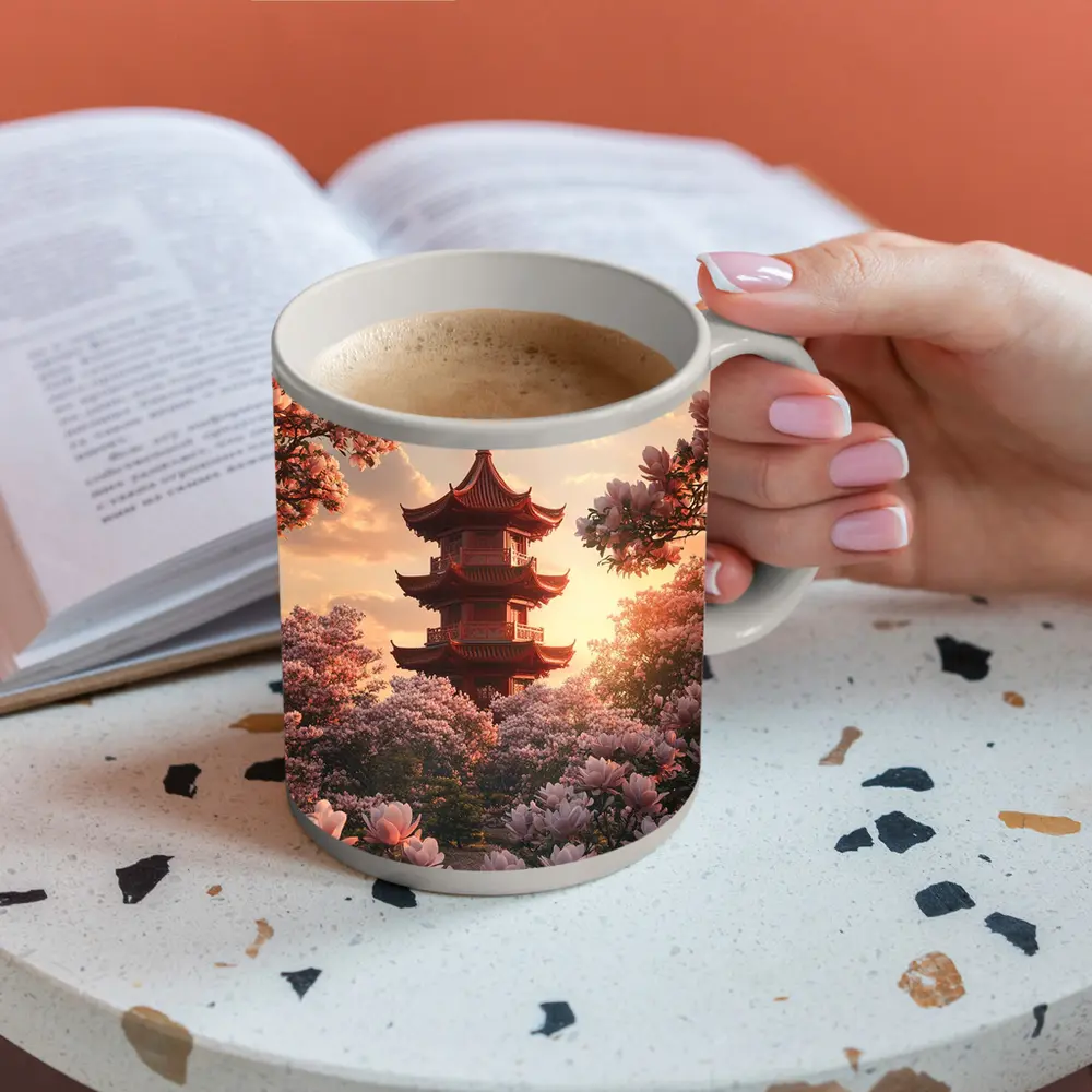 Red Pagoda Tower Pink Magnolia Blossoms Sunset – Mugs