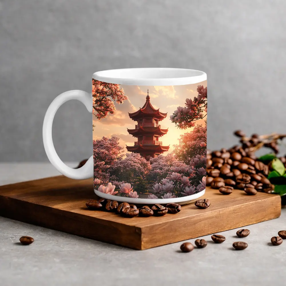 Red Pagoda Tower Pink Magnolia Blossoms Sunset – Mugs