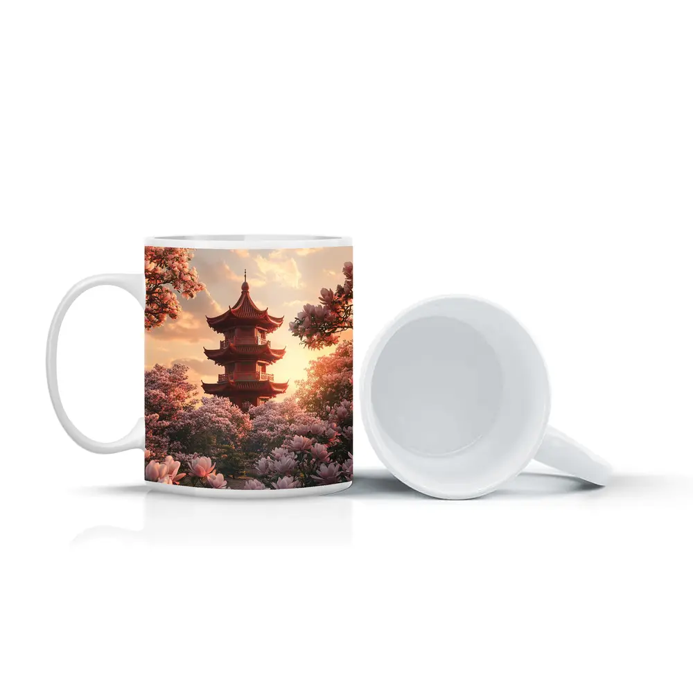 Red Pagoda Tower Pink Magnolia Blossoms Sunset – Mugs