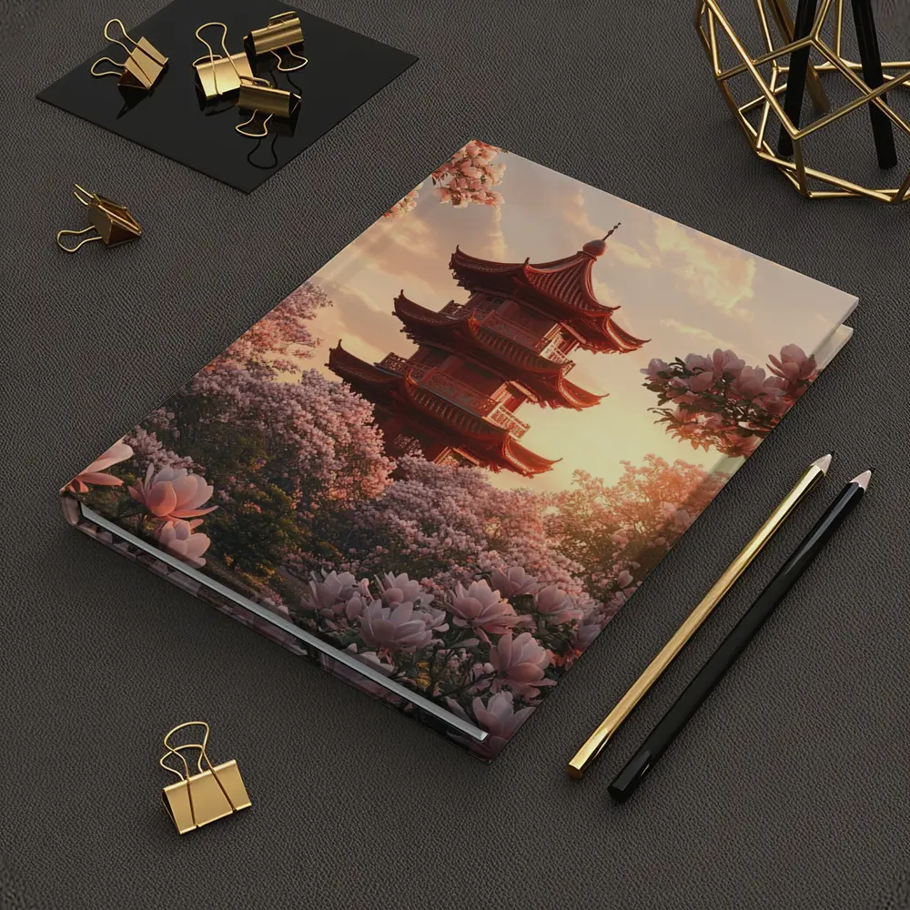 Red Pagoda Tower Pink Magnolia Blossoms Sunset – Notebooks