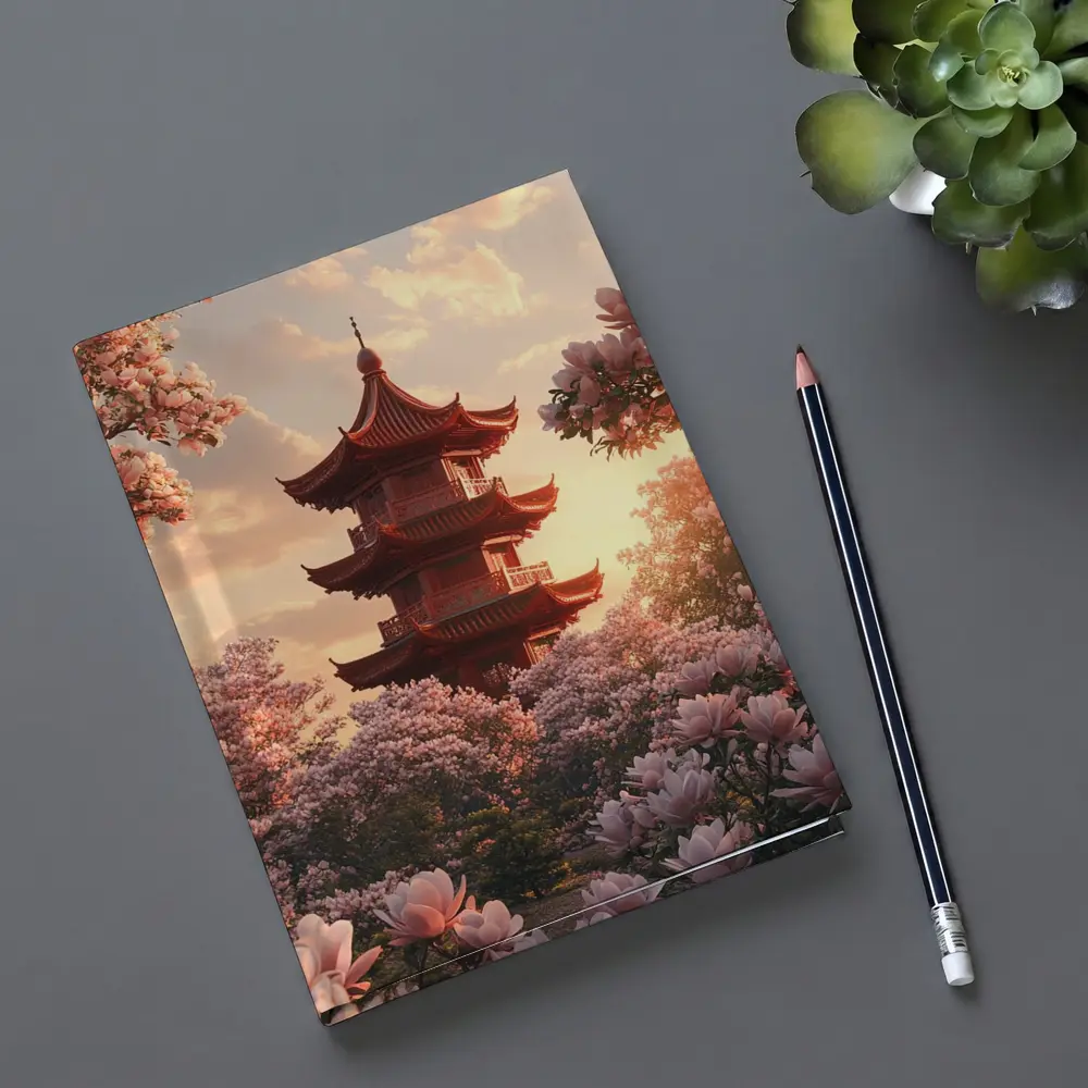 Red Pagoda Tower Pink Magnolia Blossoms Sunset – Notebooks