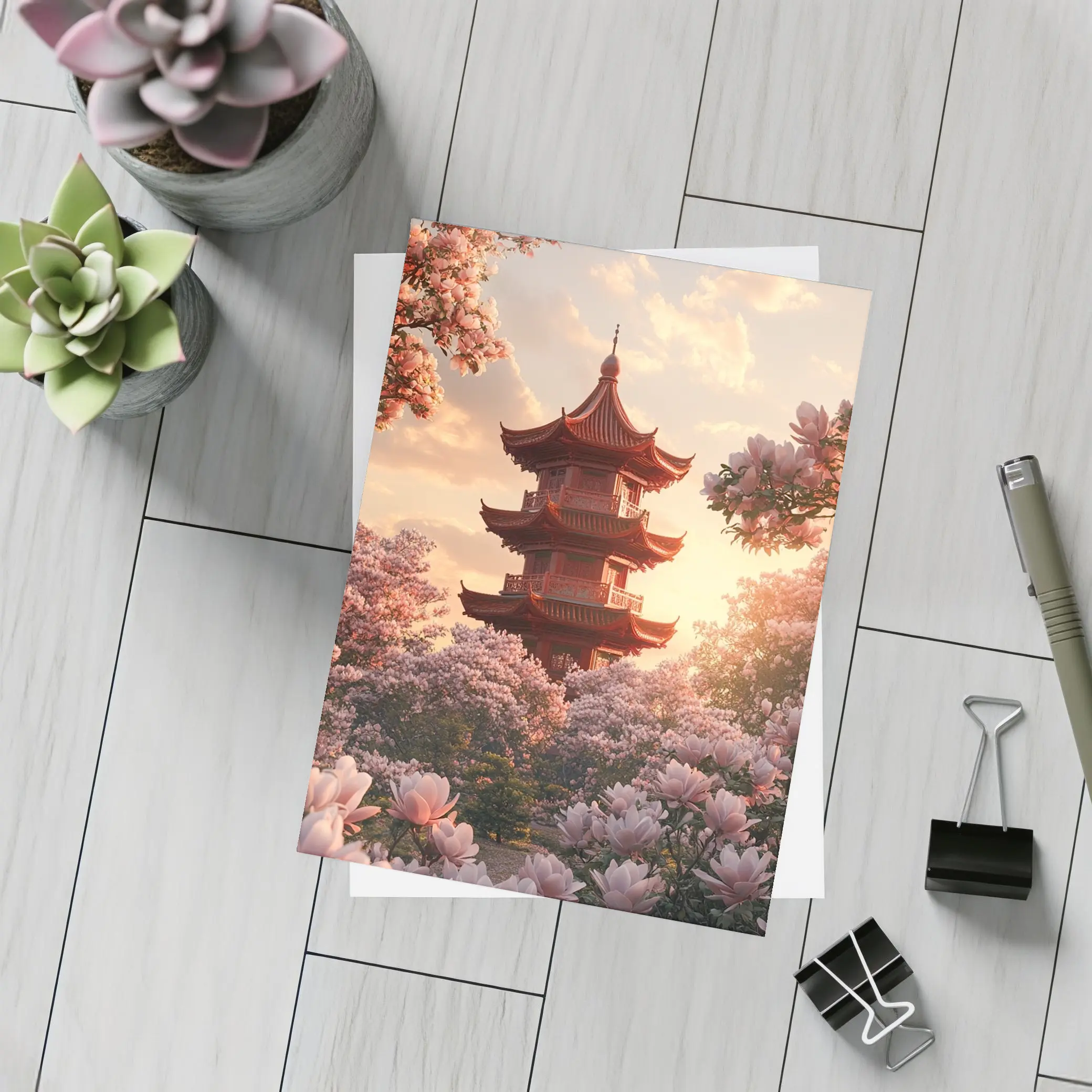 Red Pagoda Tower Pink Magnolia Blossoms Sunset – Postcards