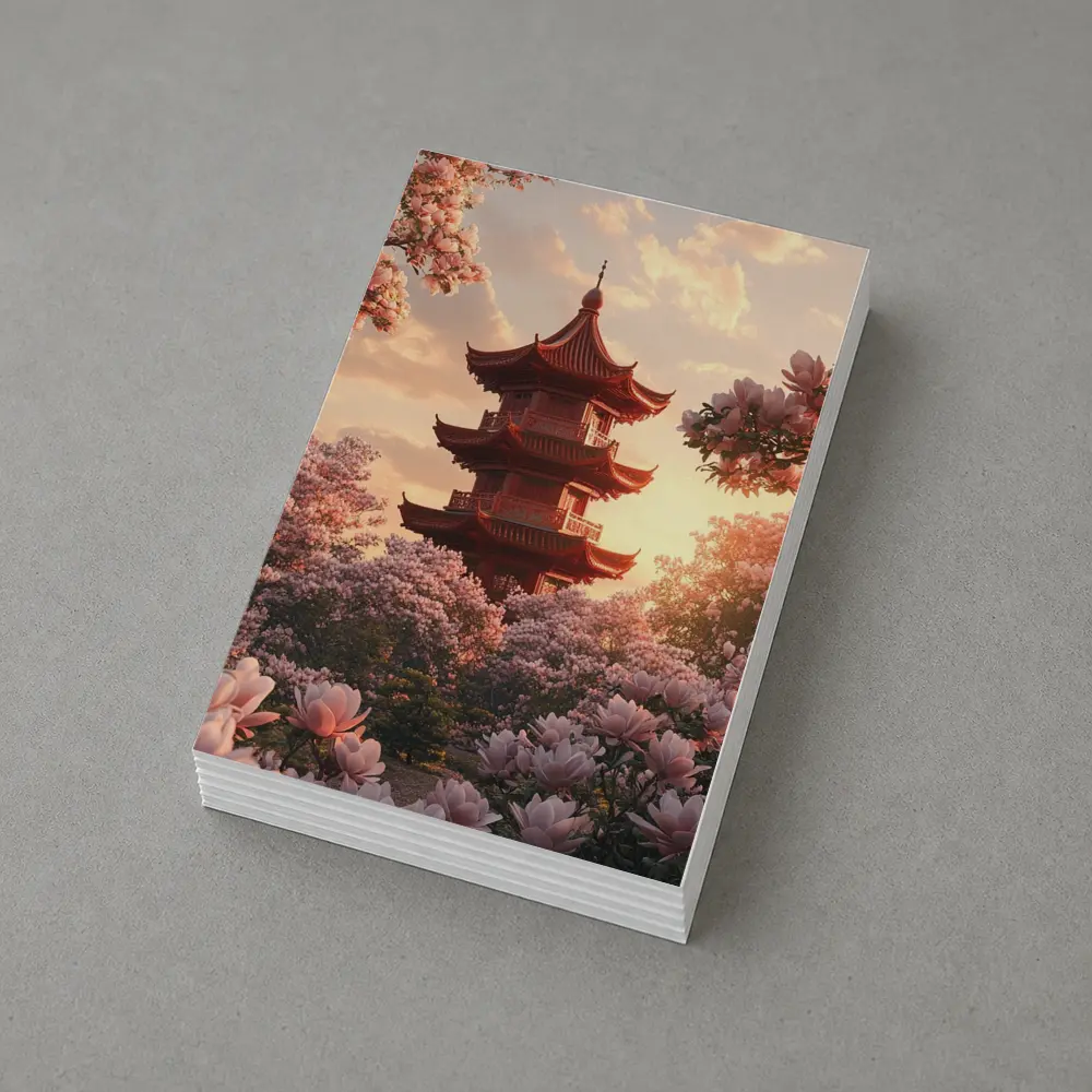Red Pagoda Tower Pink Magnolia Blossoms Sunset – Postcards