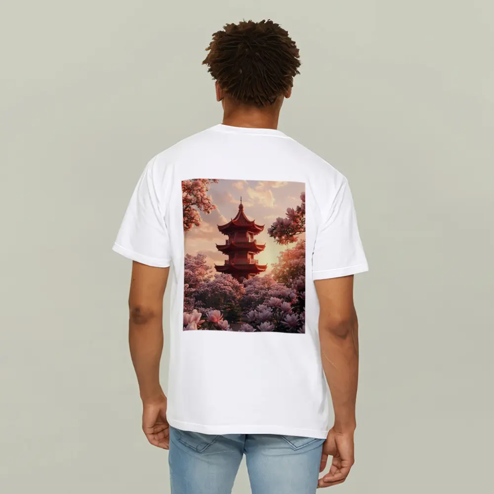 Red Pagoda Tower Pink Magnolia Blossoms Sunset – T-Shirts