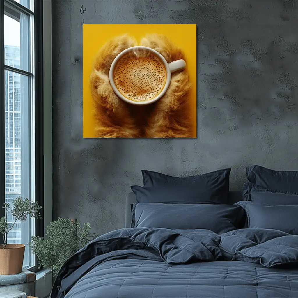 Dog Paws Holding Coffee Cup Yellow Background – Wall Art