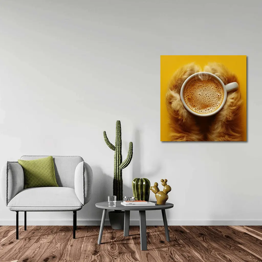 Dog Paws Holding Coffee Cup Yellow Background – Wall Art