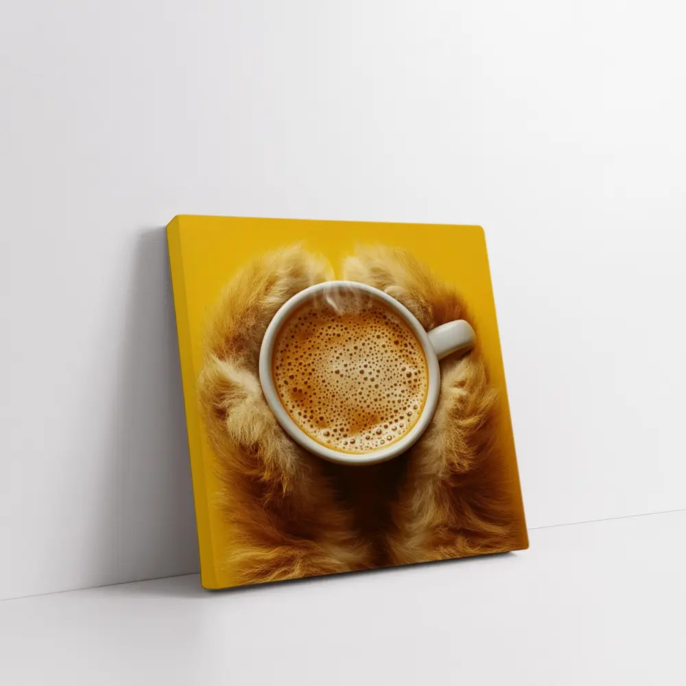 Dog Paws Holding Coffee Cup Yellow Background – Wall Art