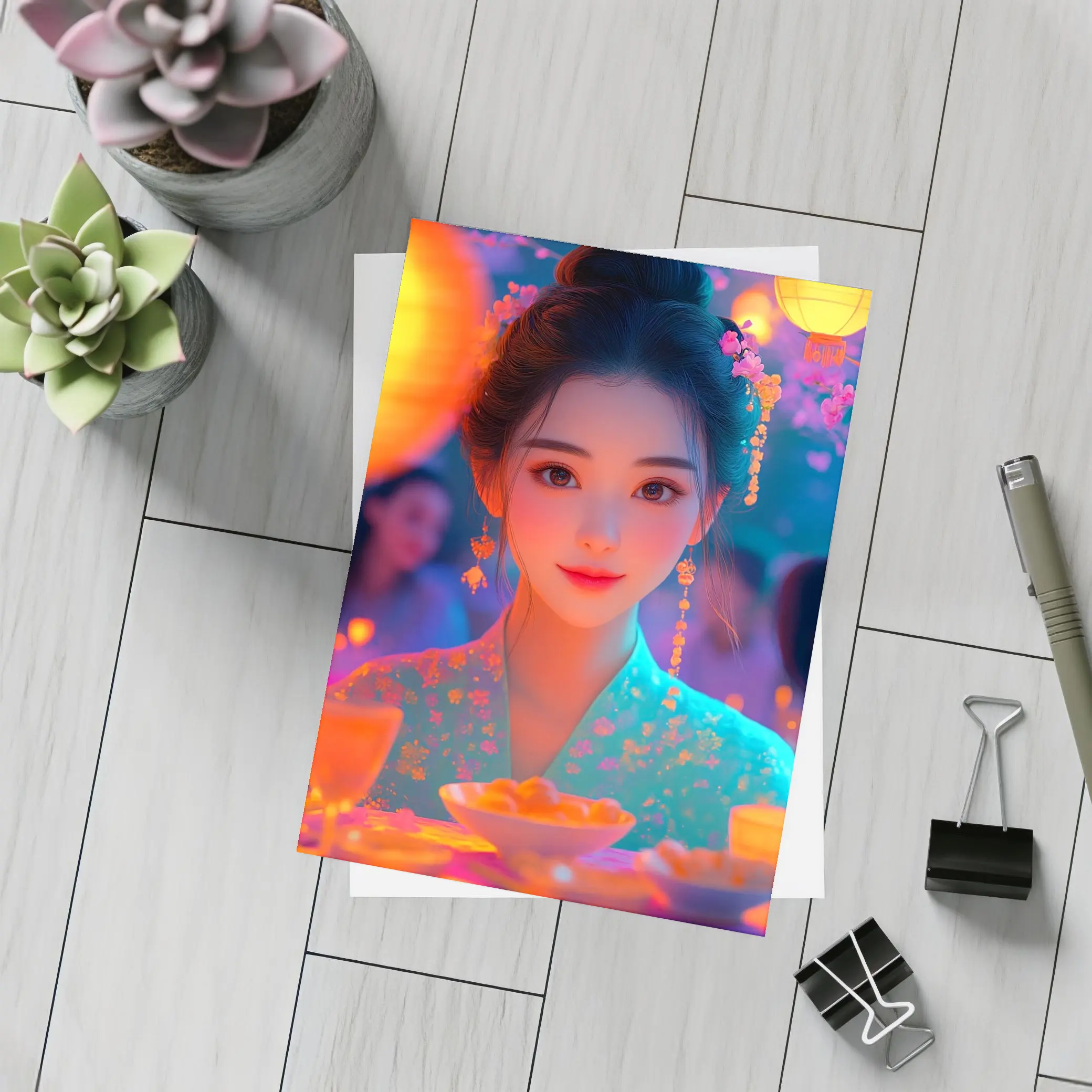 Chinese Girl Lantern Festival Digital Art – Postcards